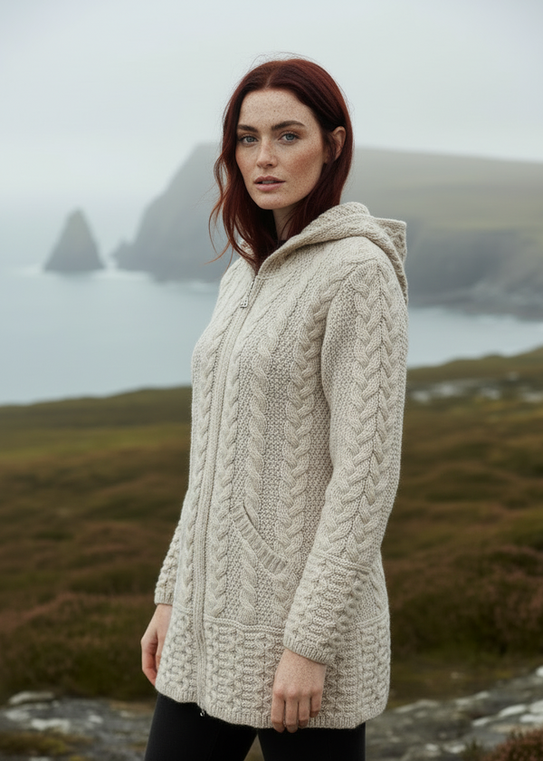 Aran Hooded Cardigan - Hood Down Angle