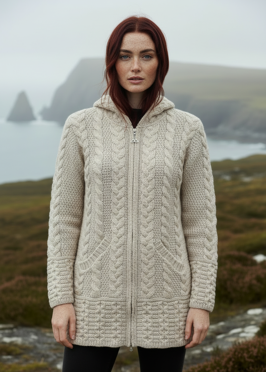 Aran Hooded Cardigan with Celtic Knot Zipper | Merino Wool