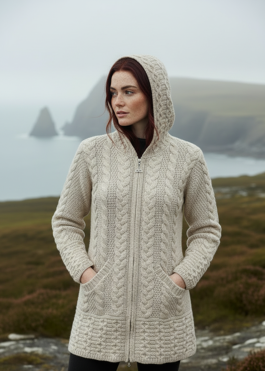Aran Hooded Cardigan - Aran Hooded Cardigan with Celtic Knot Zipper | Merino Wool