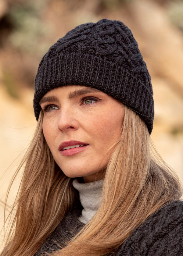 Aran Super Soft Heart Design Hat | Charcoal 