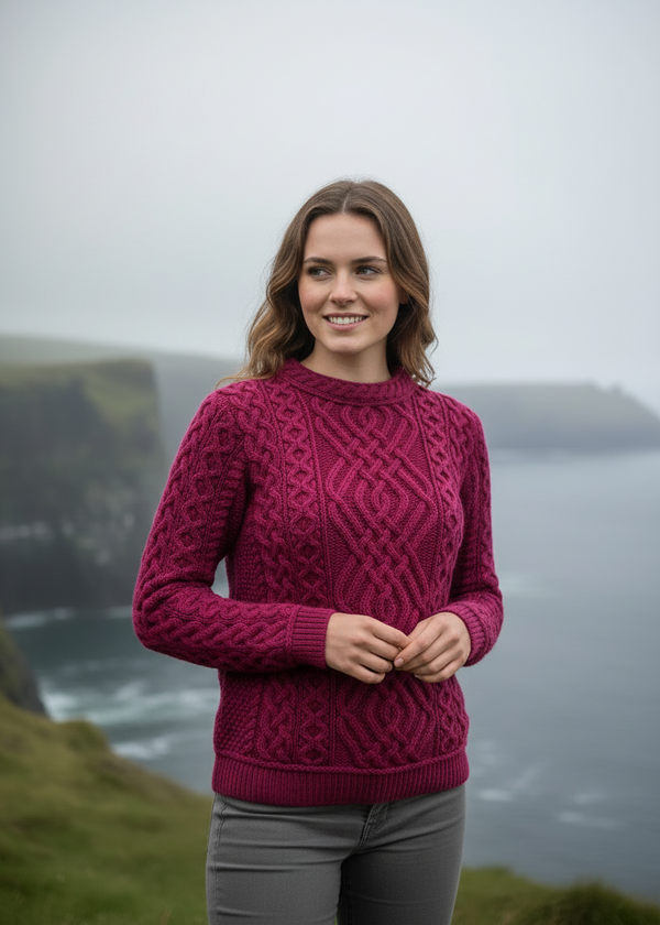 Aran Cable Knit Sweater - Pure Merino Wool | Fuchsia