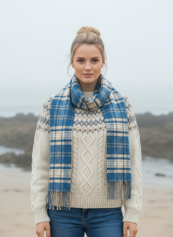 John Hanly Blue Beige Check Scarf - Irish Lifestyle