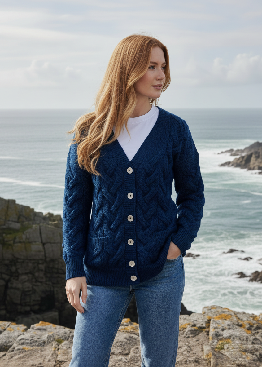 Ink Blue Aran Cardigan Coastal Lifestyle