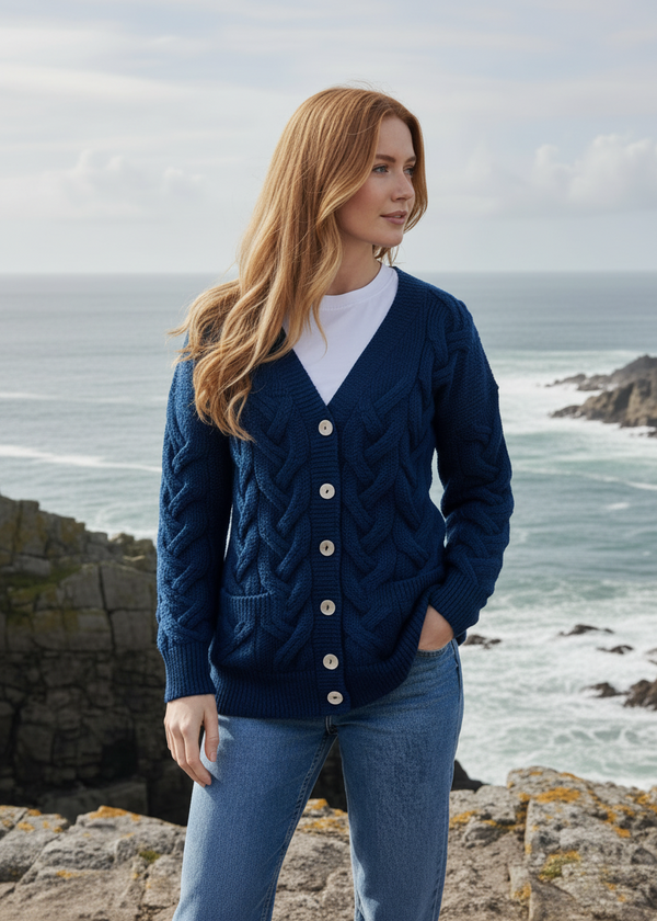 Ink Blue Aran Cardigan Coastal Lifestyle
