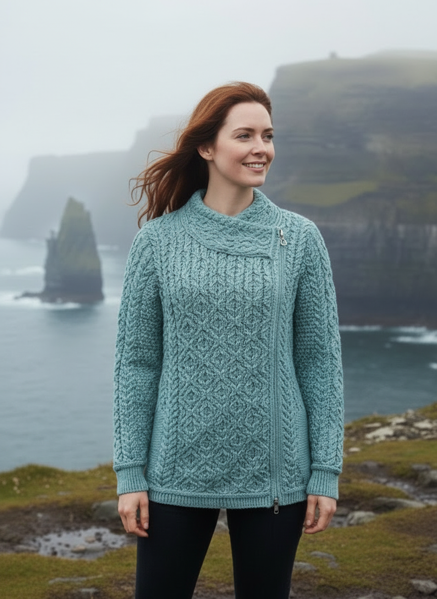 Woman wearing Claddagh Zip Aran Cardigan in Aqua on Irish coast