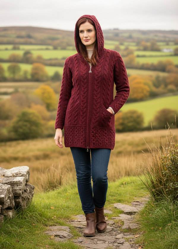 Wine Aran Cardigan Lifestyle