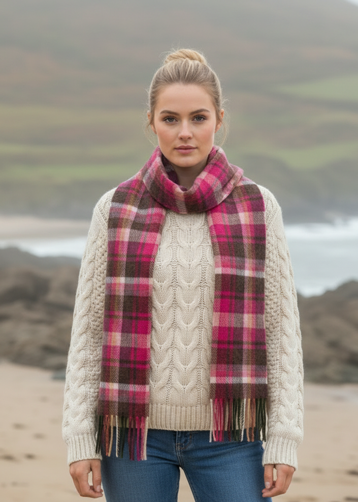 Irish woman wearing John Hanly Pink Maroon Scarf - Lifestyle