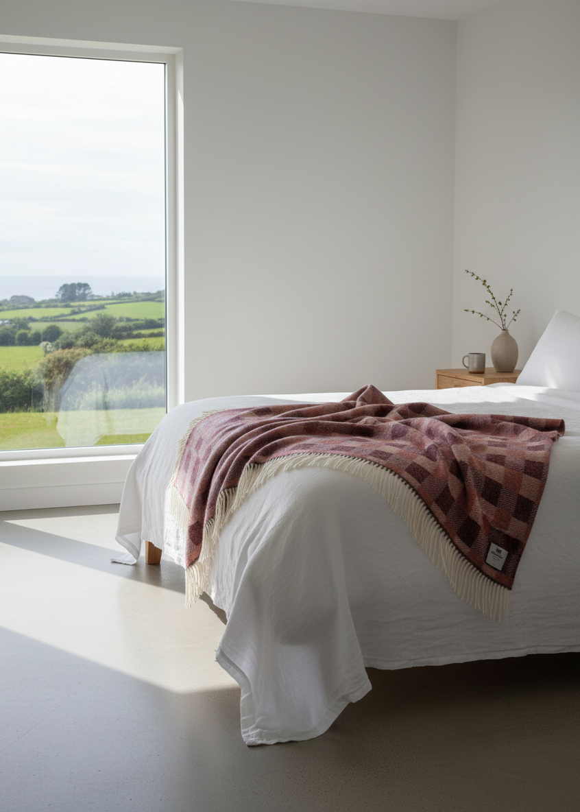 Bell Heather throw on bedroom linen
