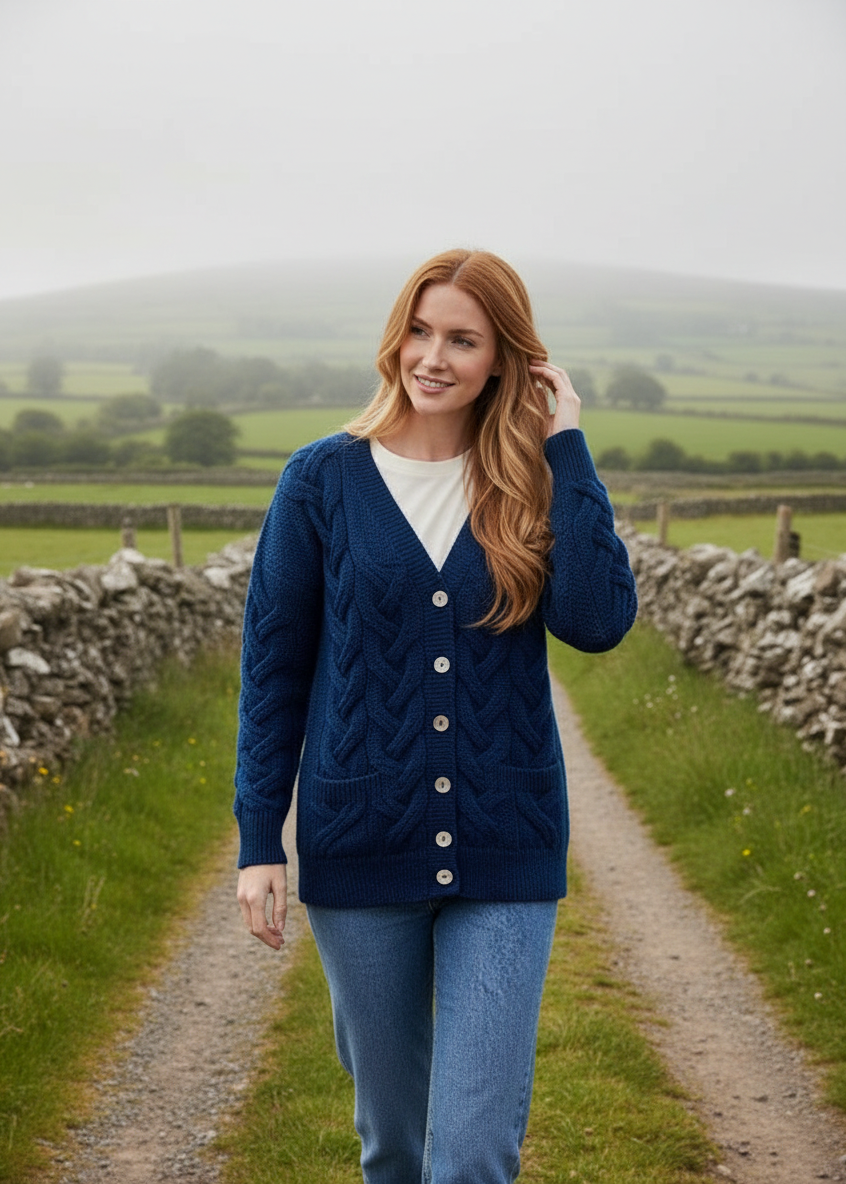 Ink Blue Aran Cardigan Countryside Lifestyle