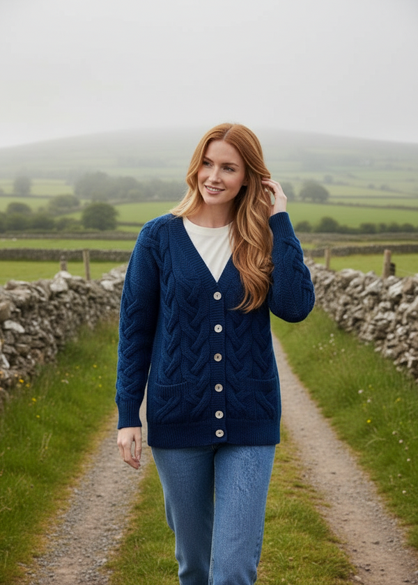 Ink Blue Aran Cardigan Countryside Lifestyle