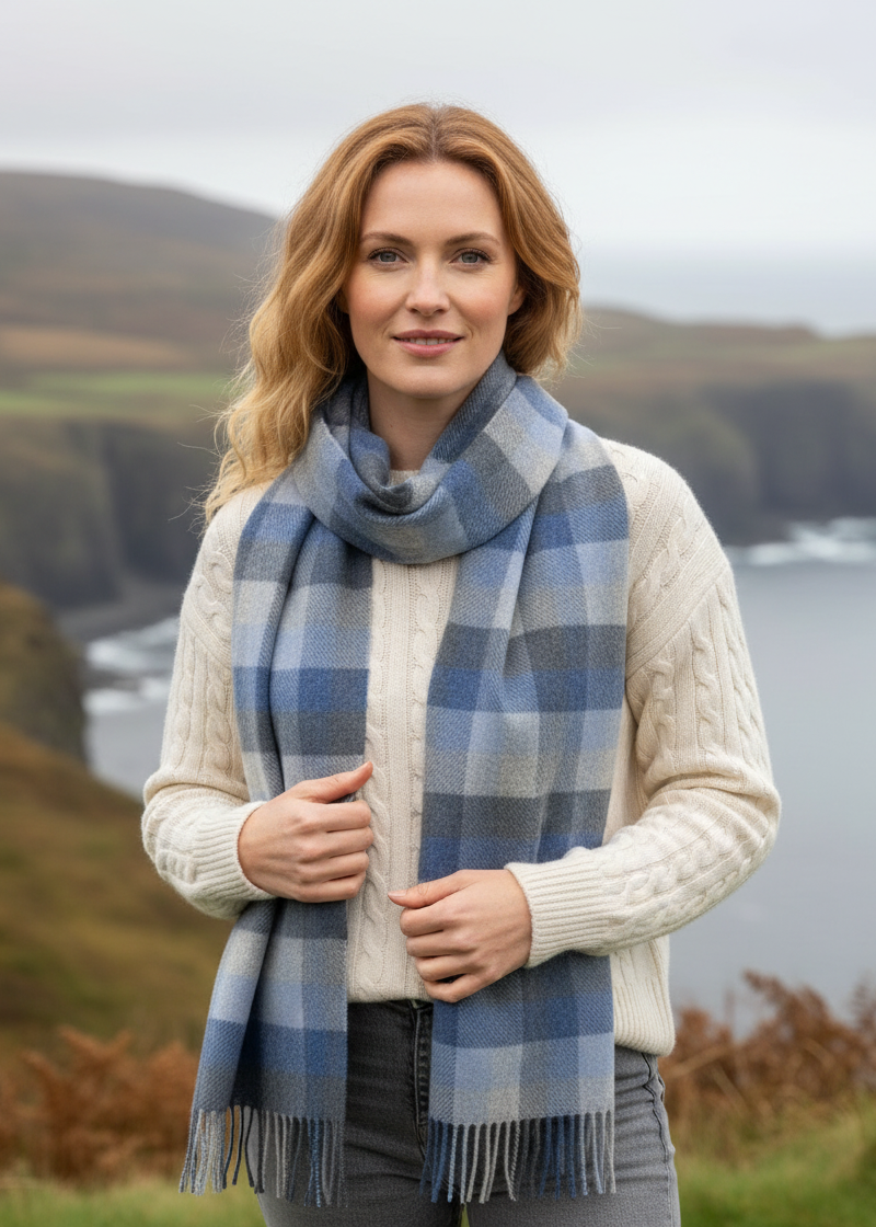 Woman wearing John Hanly Blue Grey Scarf in Irish autumn - lifestyle shot