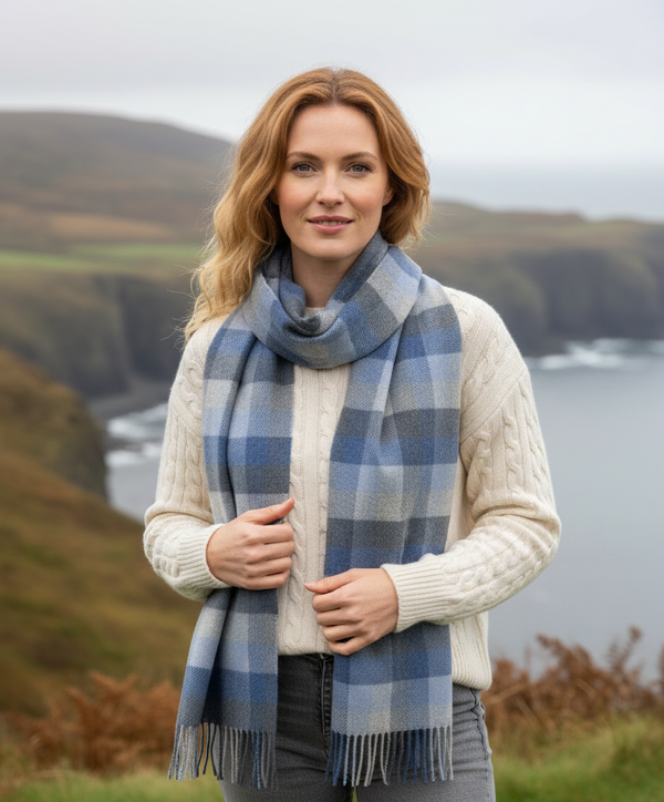 Woman wearing John Hanly Blue Grey Scarf in Irish autumn - lifestyle shot