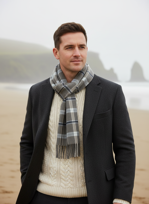 Foxford Grey & Taupe Check Lambswool Scarf - Lifestyle