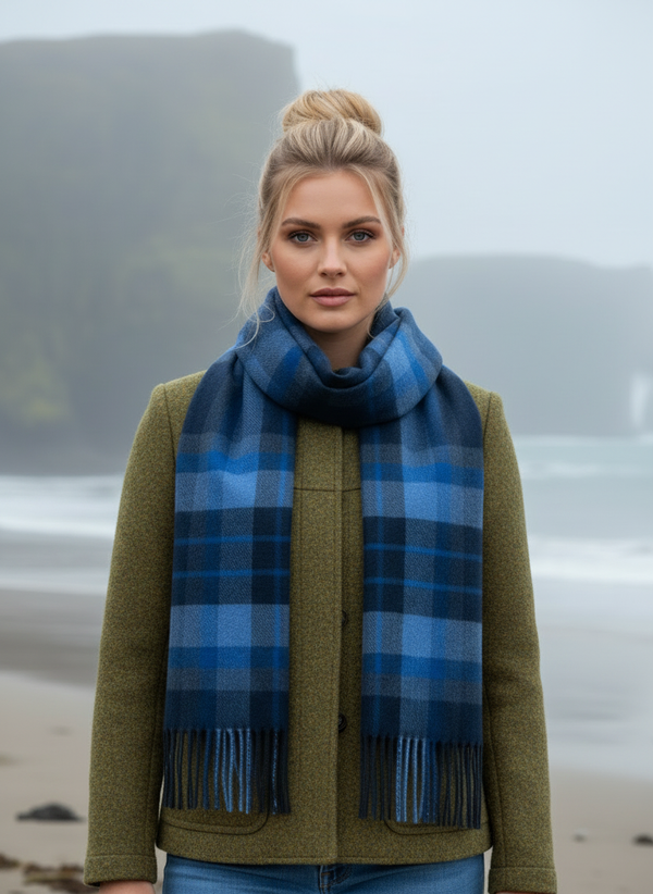 John Hanly Merino Scarf lifestyle - Irish model autumn coastal setting