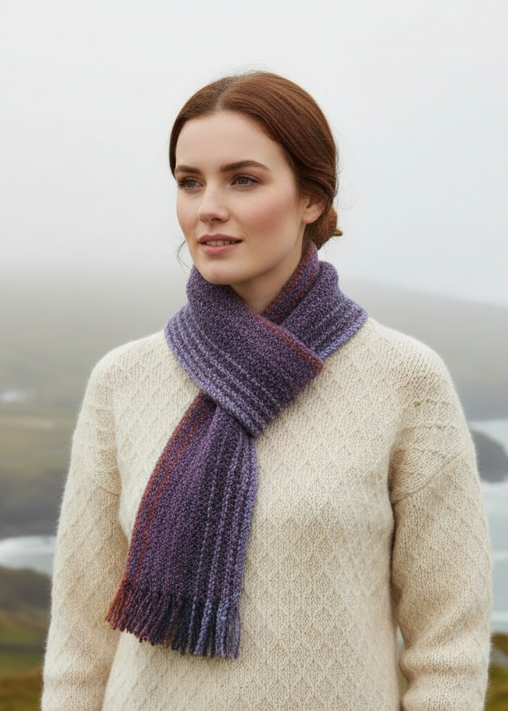 Irish model wearing Mucros Skellig blue scarf - lifestyle image