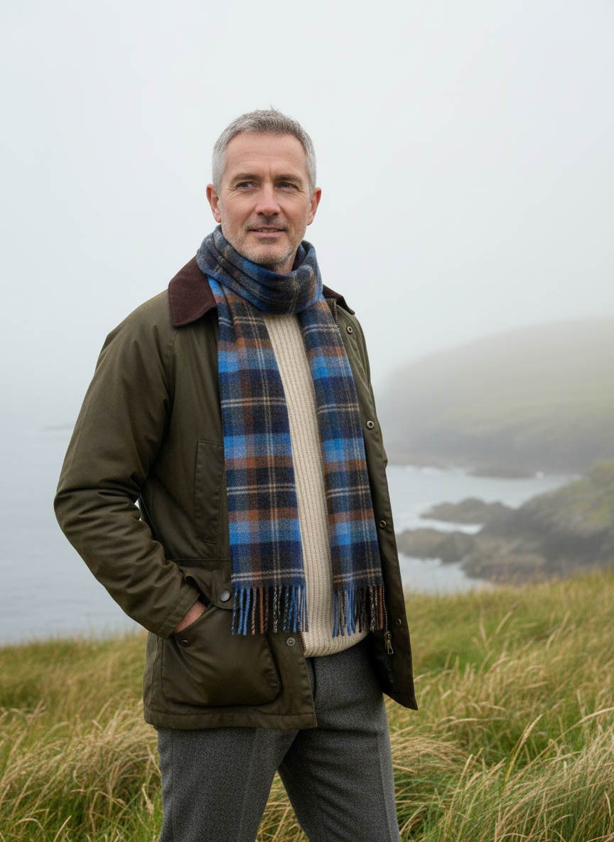 John Hanly Blue Orange Scarf on Male Model - Irish Autumn Lifestyle