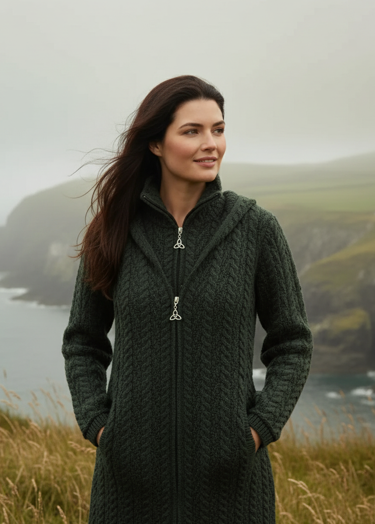 Aran Crafts Hooded Zip Coat | Green