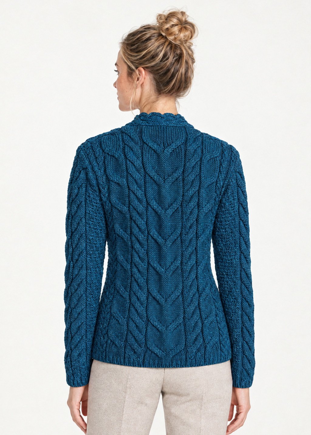 Irish Sea blue sweater, back view