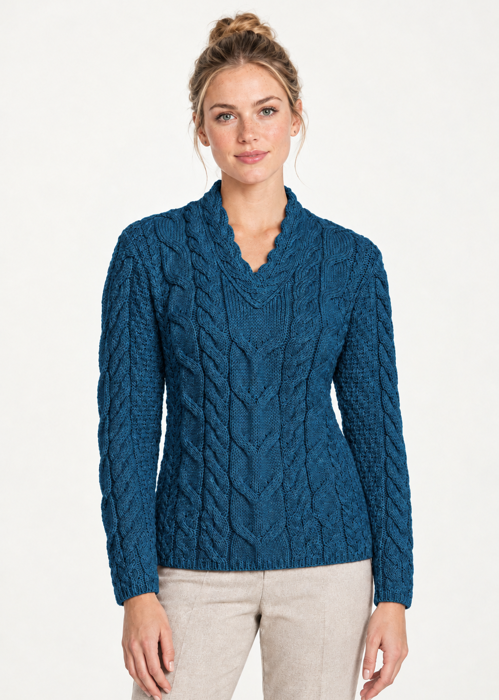 Ladies V-Neck Supersoft Merino Aran Sweater - Irish Sea