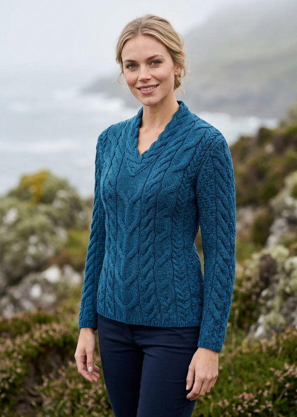 Ladies V-Neck Supersoft Merino Aran Sweater - Irish Sea
