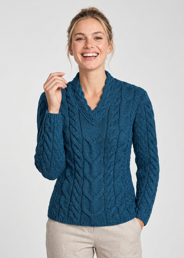 Ladies V-Neck Supersoft Merino Aran Sweater - Irish Sea