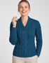 Ladies V-Neck Supersoft Merino Aran Sweater - Irish Sea