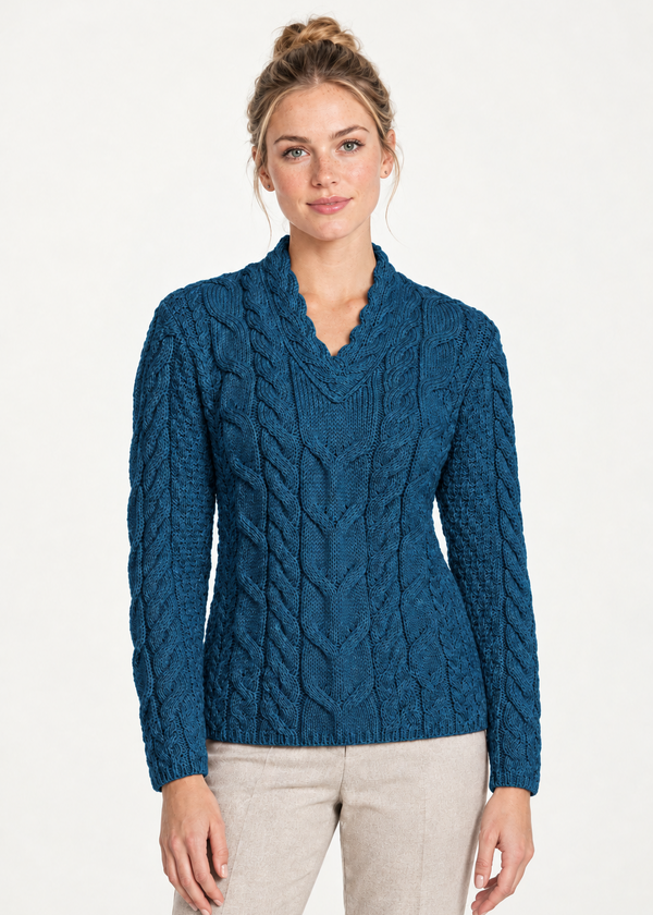 Ladies V-Neck Supersoft Merino Aran Sweater - Irish Sea