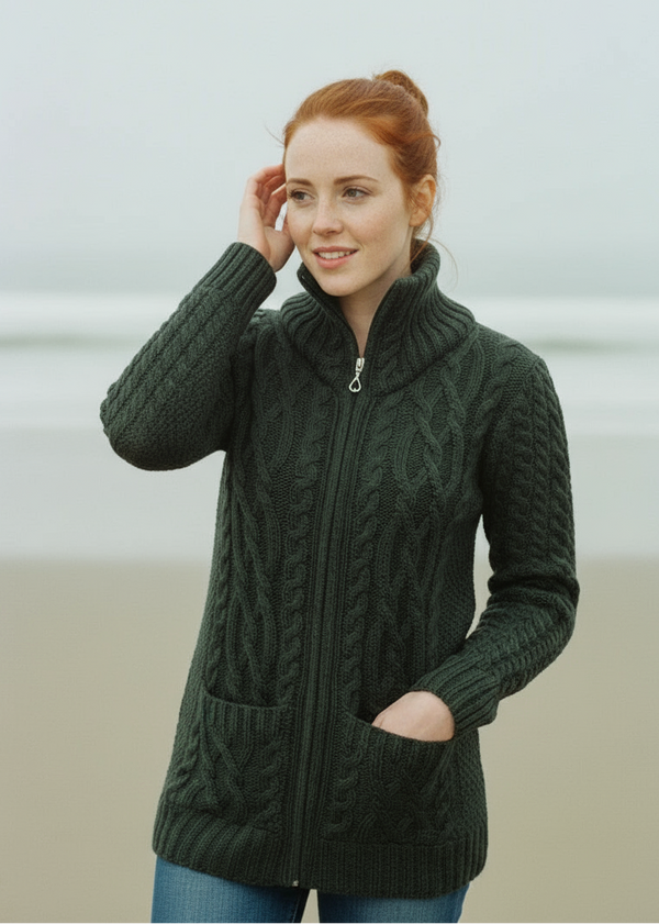 Aran Claddagh Zip Cardigan | Green