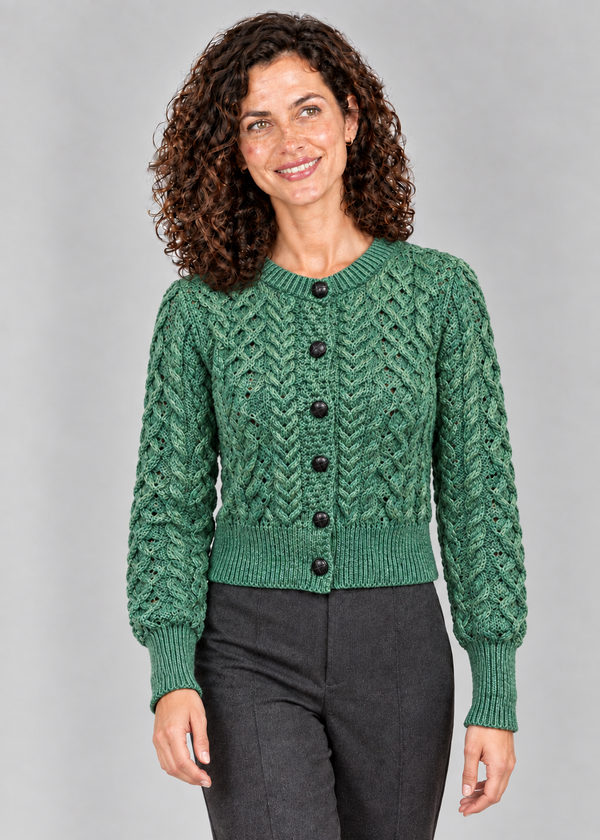 Ladies Merino Cropped Classic Aran Cardigan | Greenshot
