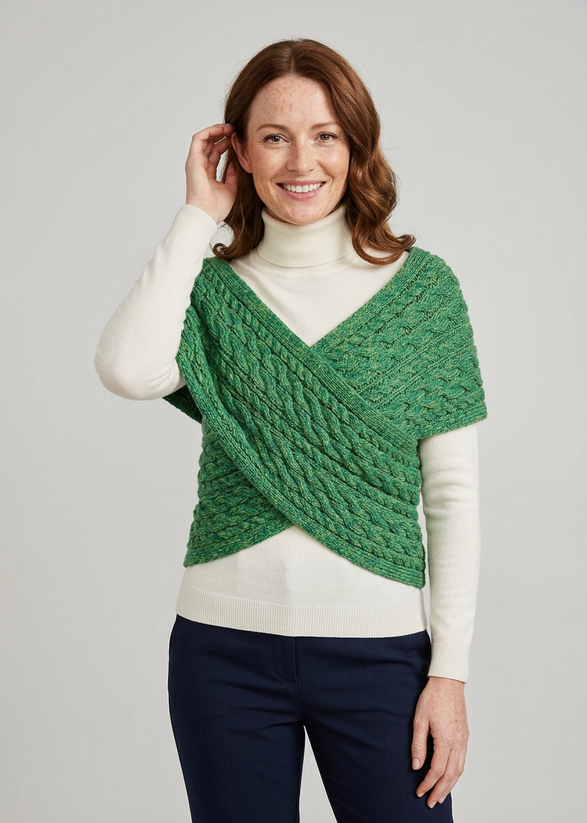 Ladies Merino Wool Cable Crossover Aran Button Wrap | Green