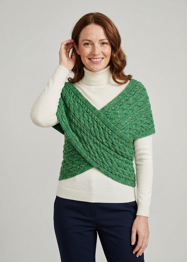 Ladies Merino Wool Cable Crossover Aran Button Wrap | Green