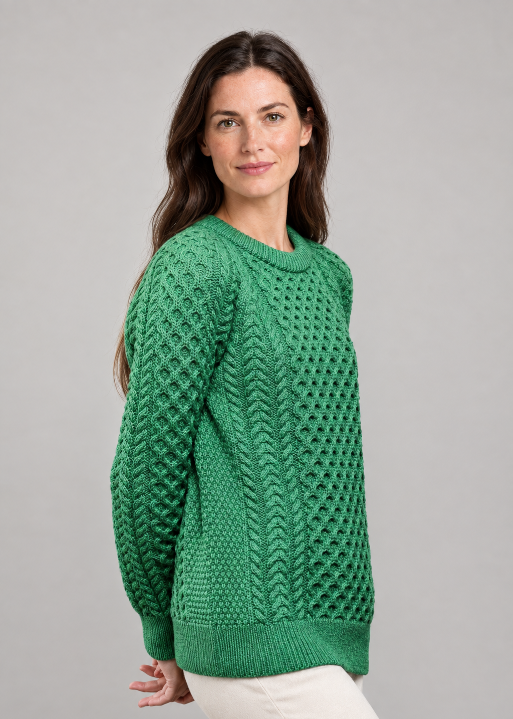 Ladies Slim-Fit Aran Sweater in Green | 100% Merino Wool