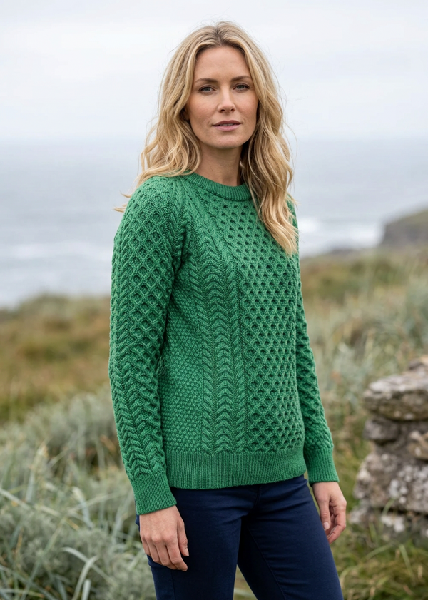 Ladies Slim-Fit Aran Sweater in Green | 100% Merino Wool