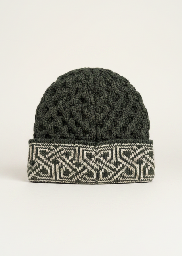 Aran Celtic Design Wool Hat - Army Green