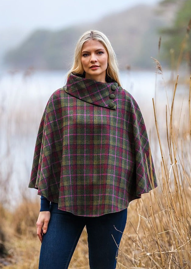 Mucros Irish Poncho | Olive Pink Check