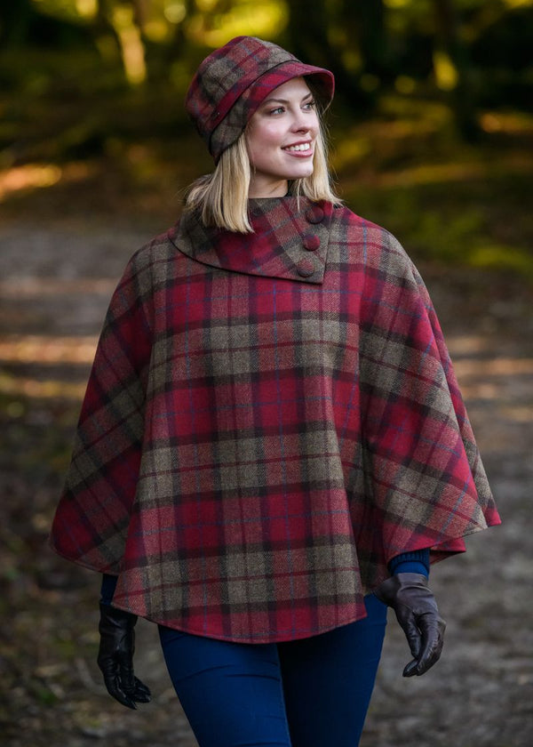 Mucros Poncho | Red Check Wool Tweed