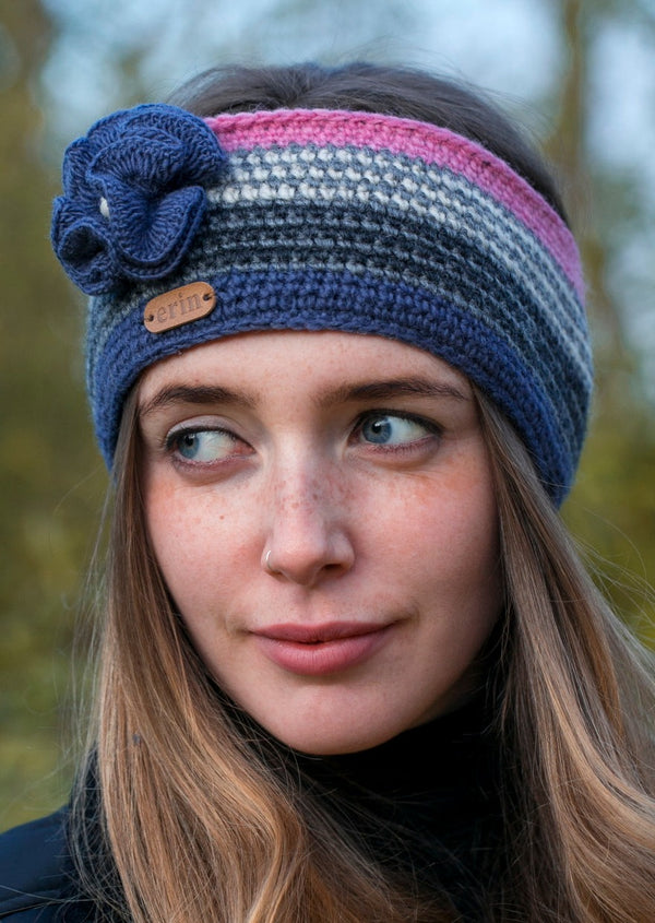 Crochet Headband with Flower Corsage Pink & Blue