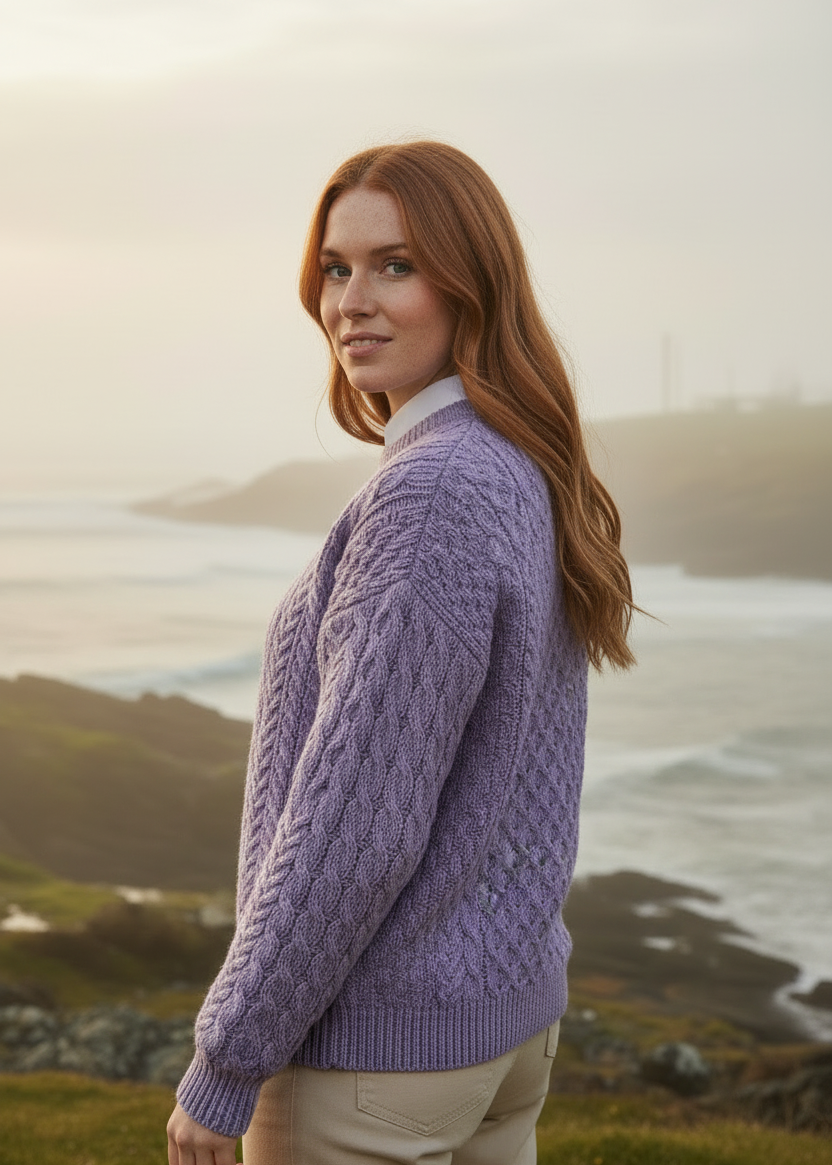 Lavender Aran Sweater - Over Shoulder