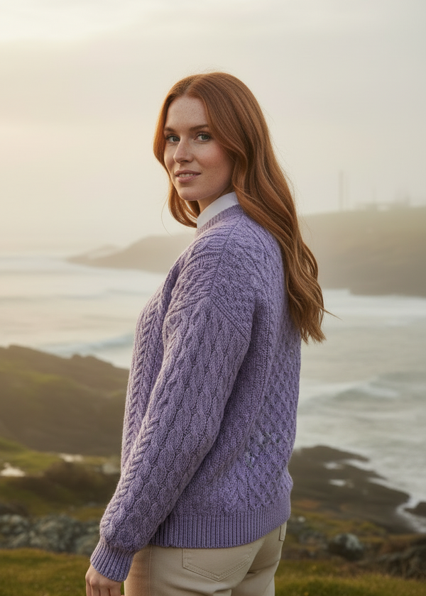 Lavender Aran Sweater - Over Shoulder