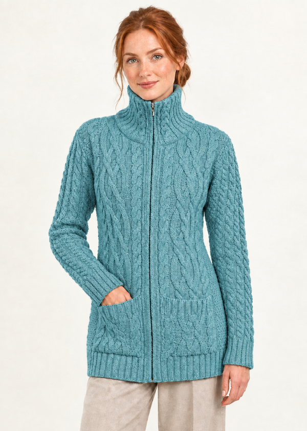 Less bright aqua cardigan front pose