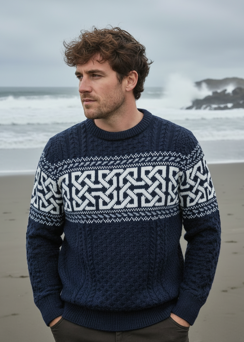 Aran Celtic Design Cable Knit Sweater | Deep Water Blue