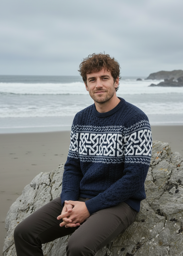 Aran Celtic Design Cable Knit Sweater | Deep Water Blue