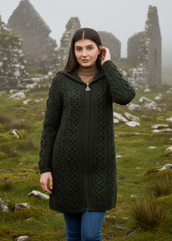 Celtic Women's Merino Wool Aran Jacket | Army Green
