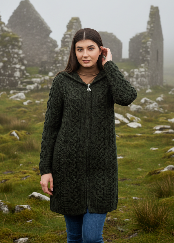 Celtic Women's Merino Wool Aran Jacket | Army Green