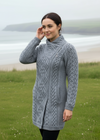 Aran Crafts Cable Knit Side Zip Coat | Soft Grey Merino Wool