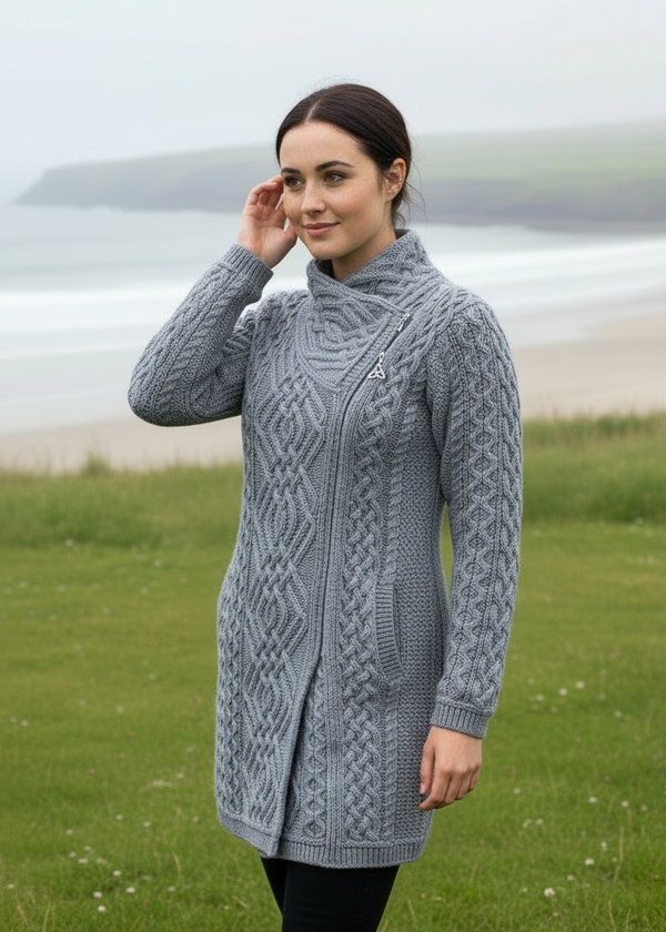 Aran Crafts Cable Knit Side Zip Coat | Soft Grey Merino Wool