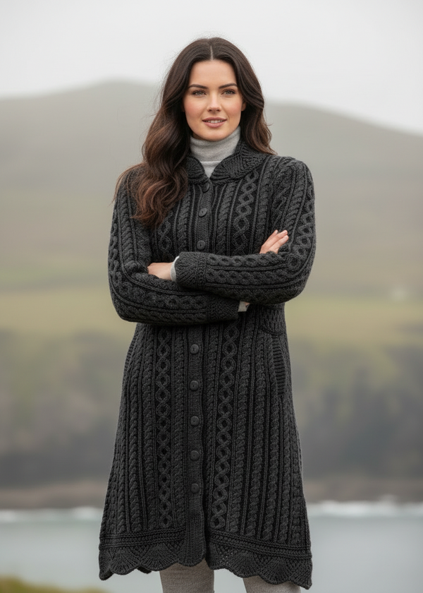 Aran Crafts Scallop Edge Coat | Charcoal Grey Merino Wool