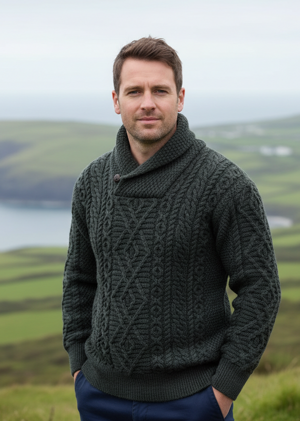 Men's Aran Shawl Neck Sweater | Army Green | 100% Merino Wool