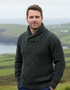 Men's Aran Shawl Neck Sweater | Army Green | 100% Merino Wool