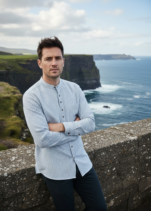 Heritage lifestyle -Vintage Cotton Grandfather Shirt – Ivory Pin Stripe